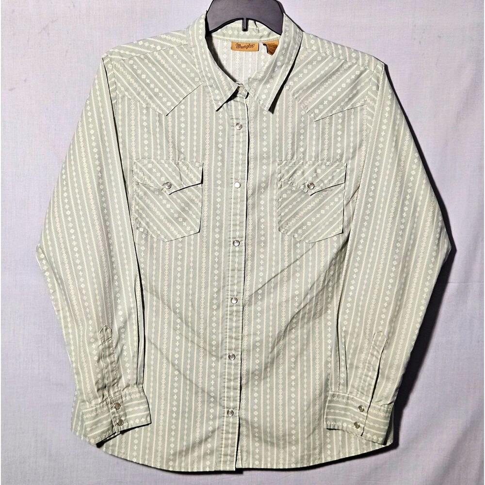 Wrangler Shirt Pearl Snap Western LS Womens XL Sage Green Geometric Print
